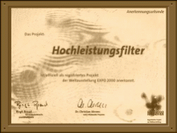 EXPO 2000 recognition certificate for Trabold Filter GmbH